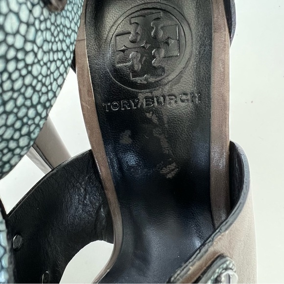 TORY BURCH Teagan Stingray Brown Blue Leather Caged T Strap Sandals Heels Sz 8 - Picture 14 of 15